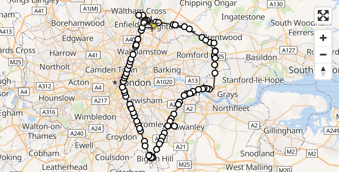 Flight path map showing Police Helicopter route from Metropolitan Police Air Support Unit Lippitts Hill to Sewardstonebury