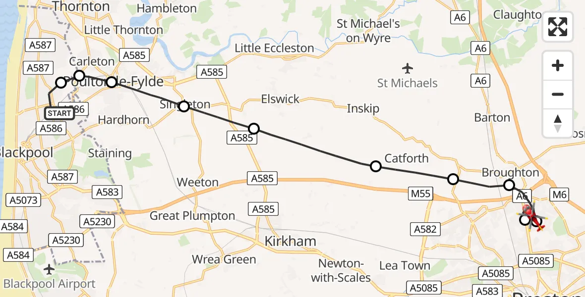 Flight path map showing Air Ambulance Helicopter route from Blackpool to Broughton
