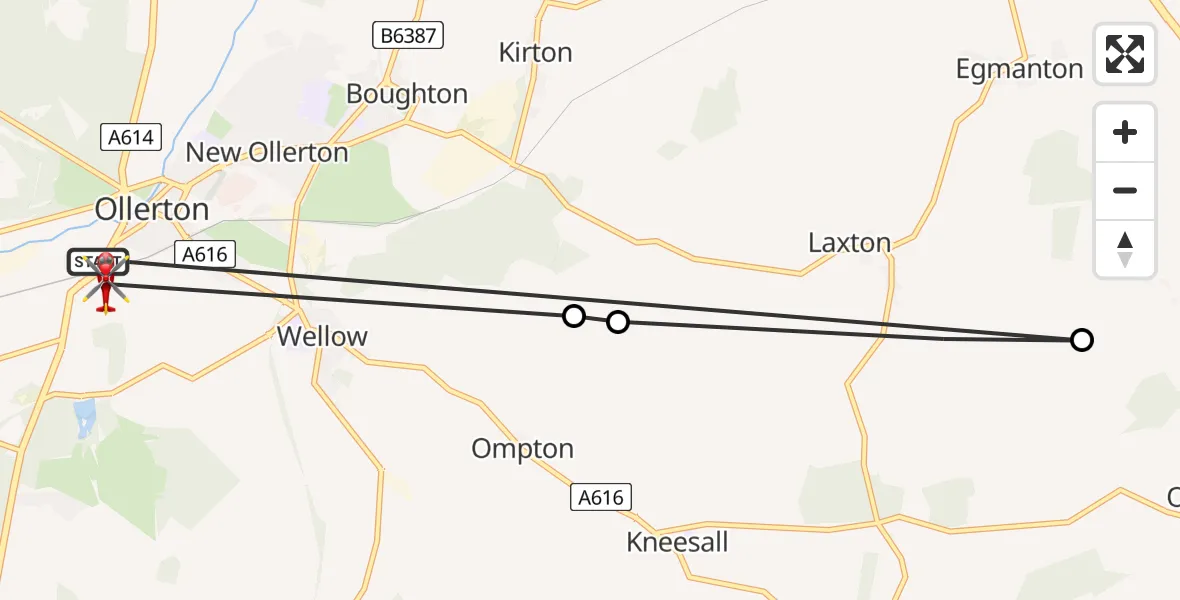 Flight path map showing Air Ambulance Helicopter route from Ollerton to Ollerton