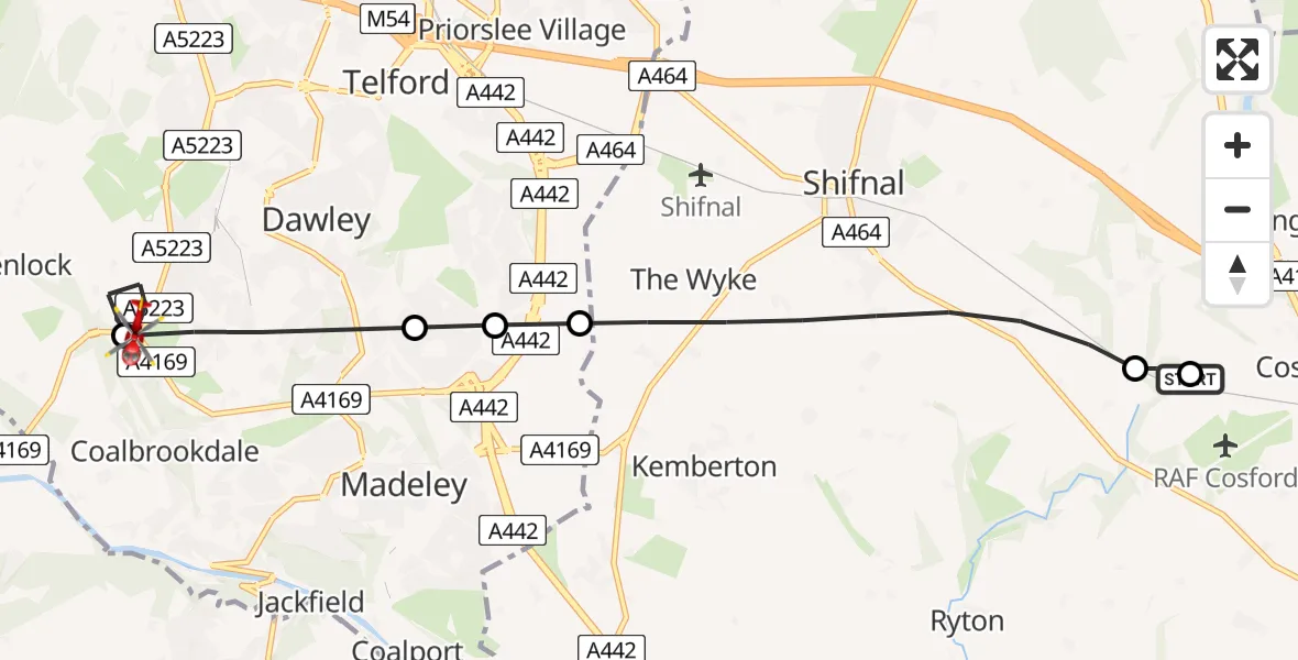 Flight path map showing Air Ambulance Helicopter route from RAF Cosford to Little Wenlock