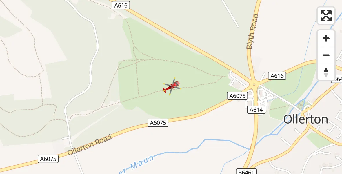 Flight path map showing Air Ambulance Helicopter route from Ollerton to Ollerton