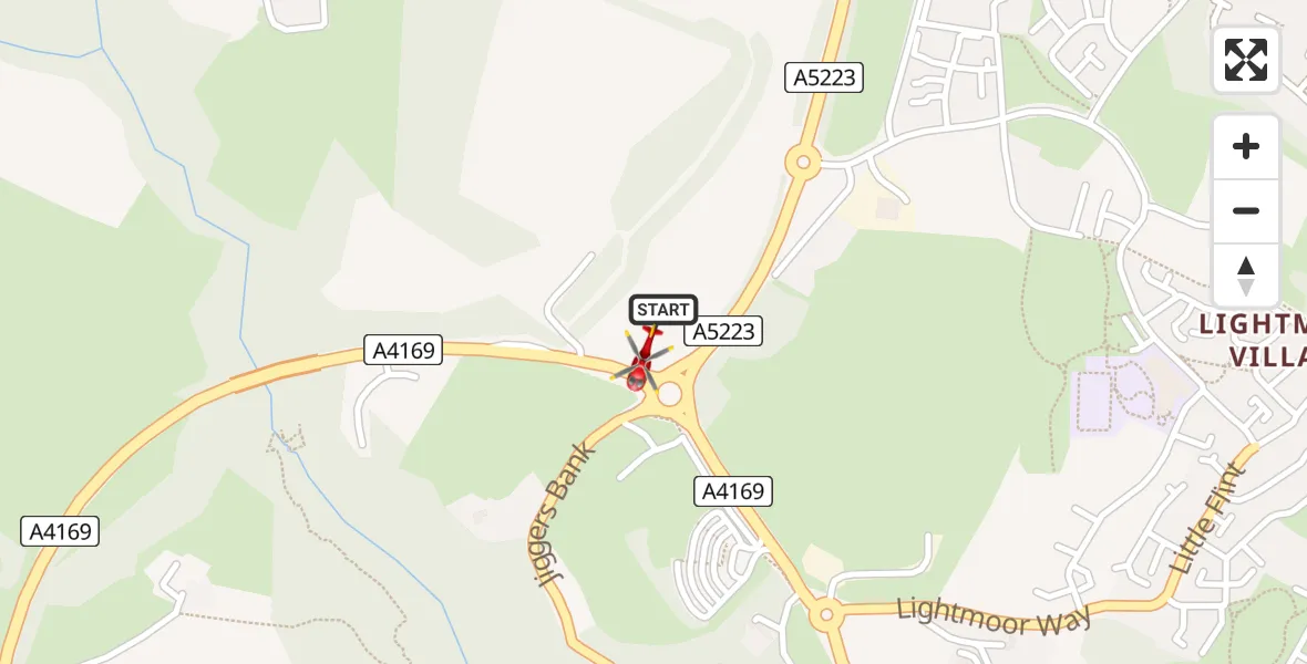 Flight path map showing Air Ambulance Helicopter route from Coalbrookdale to Little Wenlock