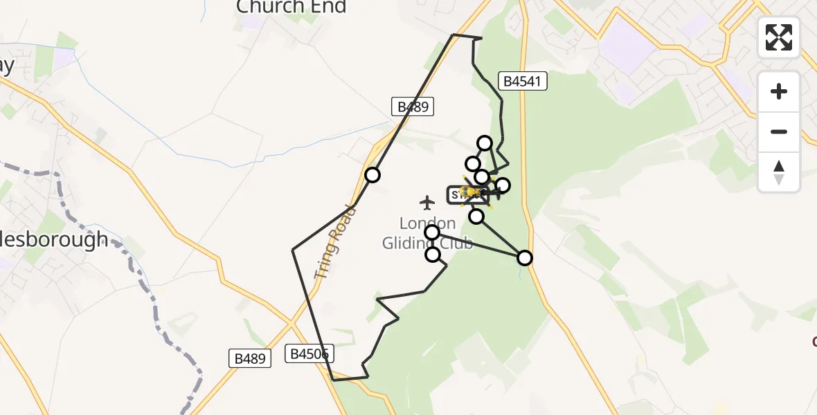 Flight path map showing Police Helicopter route from London Gliding Club to London Gliding Club