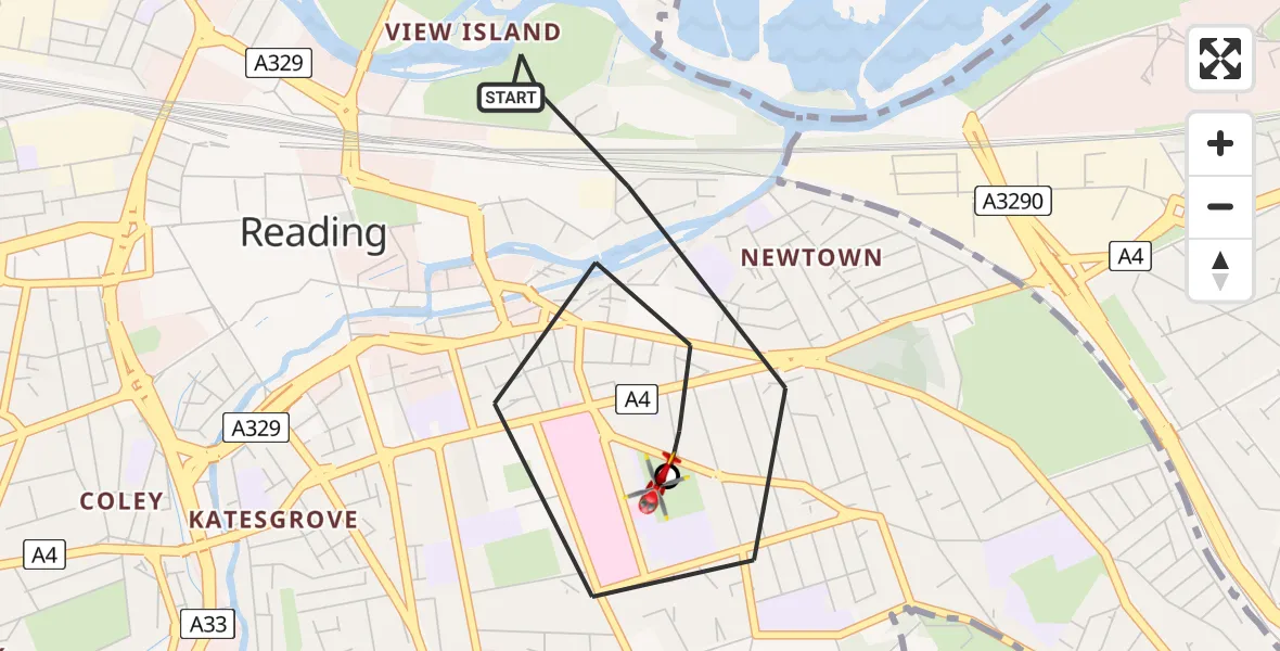 Flight path map showing Air Ambulance Helicopter route from Reading to Royal Berkshire Hospital