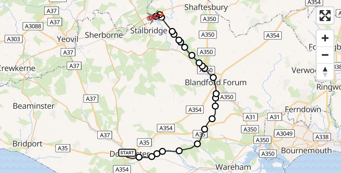 Flight path map showing Air Ambulance Helicopter route from Dorchester to Henstridge Airfield