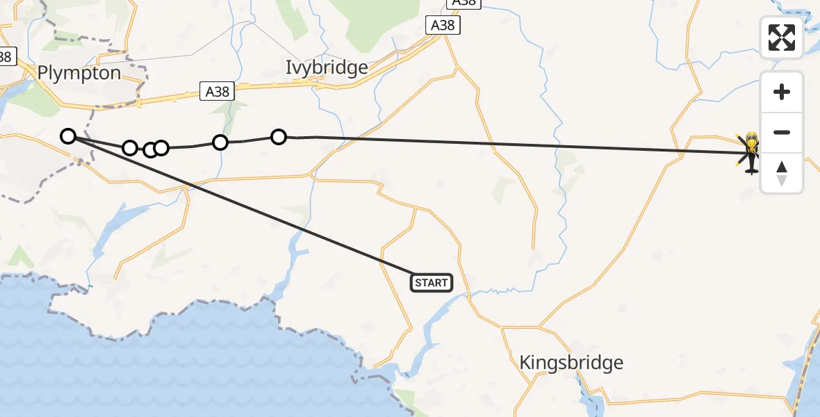 Flight path map showing Police Helicopter route from Aveton Gifford to Blackawton