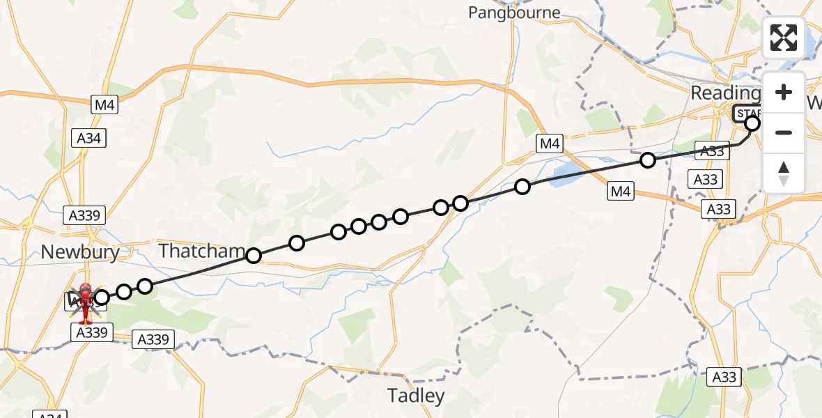 Flight path map showing Air Ambulance Helicopter route from Royal Berkshire Hospital to Newbury