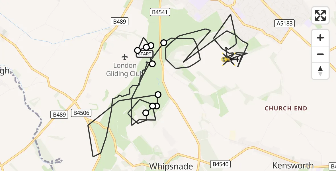 Flight path map showing Police Helicopter route from London Gliding Club to Dunstable