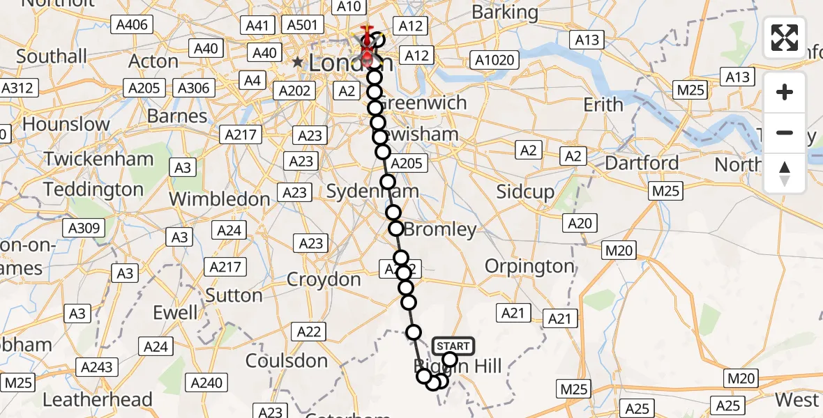 Flight path map showing Air Ambulance Helicopter route from London Biggin Hill Airport to Royal London Hospital