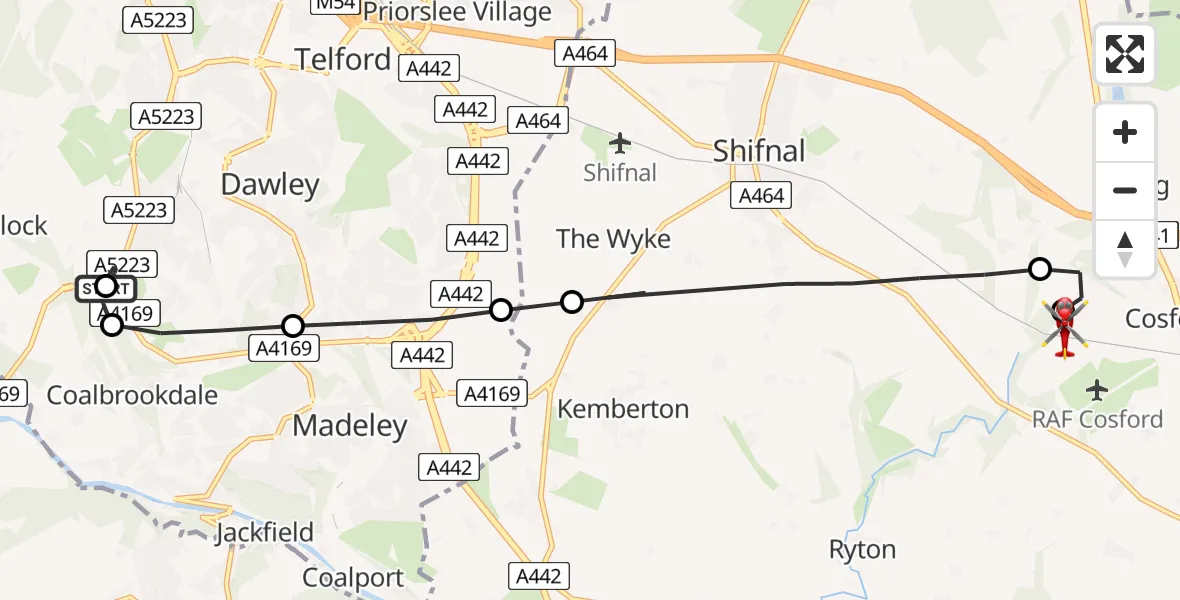 Flight path map showing Air Ambulance Helicopter route from Coalbrookdale to Cosford