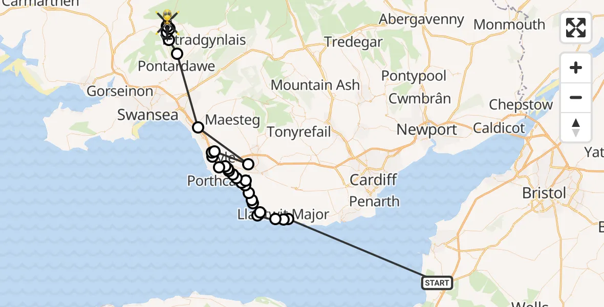 Flight path map showing Police Helicopter route from Brent Knoll to Brynamman