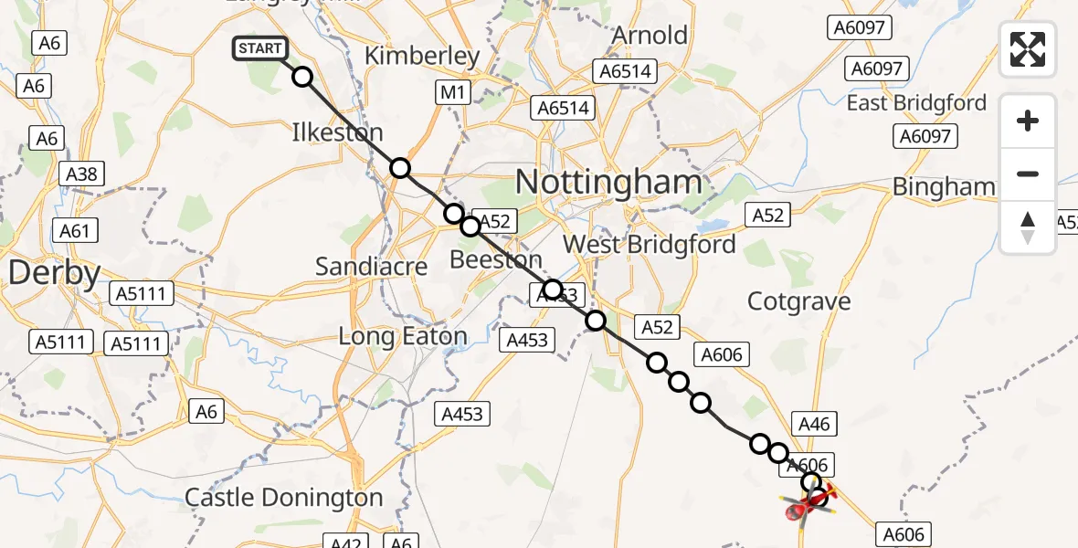 Flight path map showing Air Ambulance Helicopter route from Shipley to Nottingham Heliport