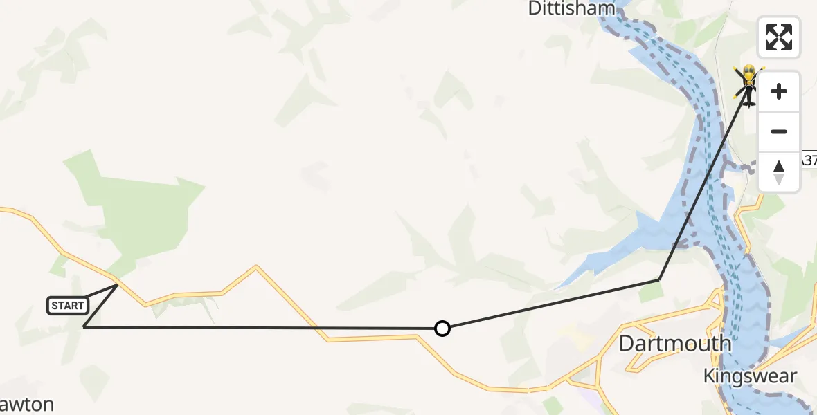Flight path map showing Police Helicopter route from Blackawton to Dittisham