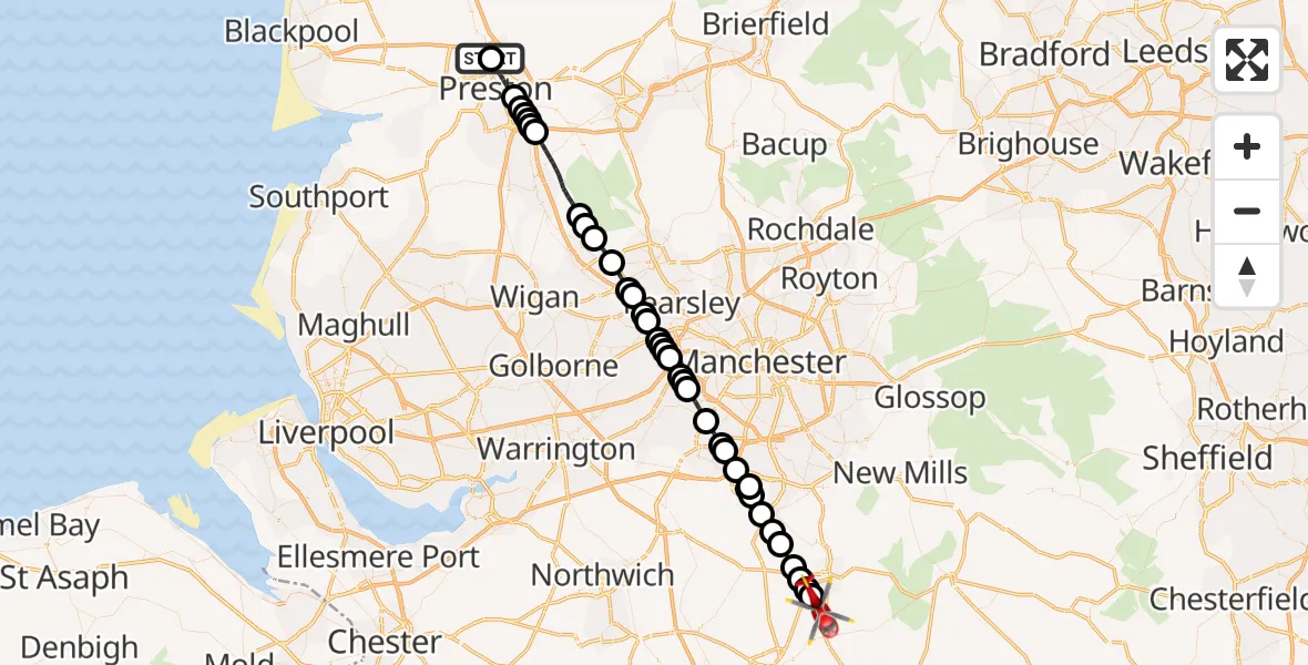 Flight path map showing Air Ambulance Helicopter route from Royal Preston to Gawsworth
