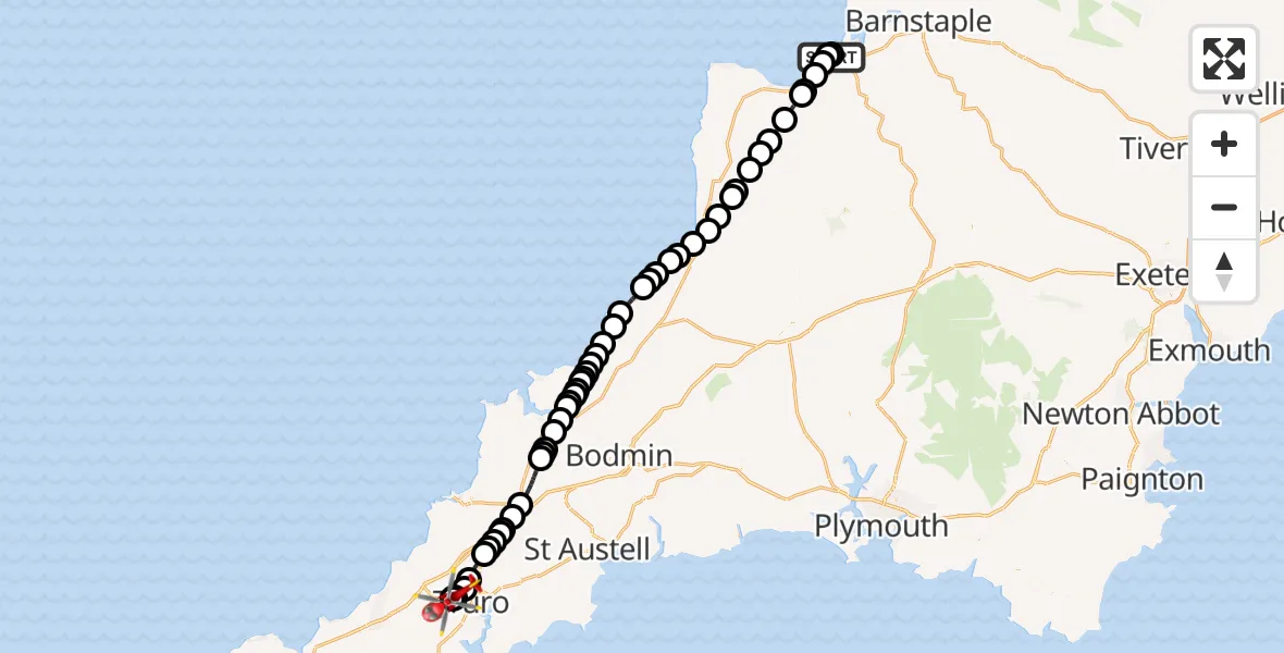 Flight path map showing Air Ambulance Helicopter route from Lake Heliport Abbotsham to Treliske Hospital