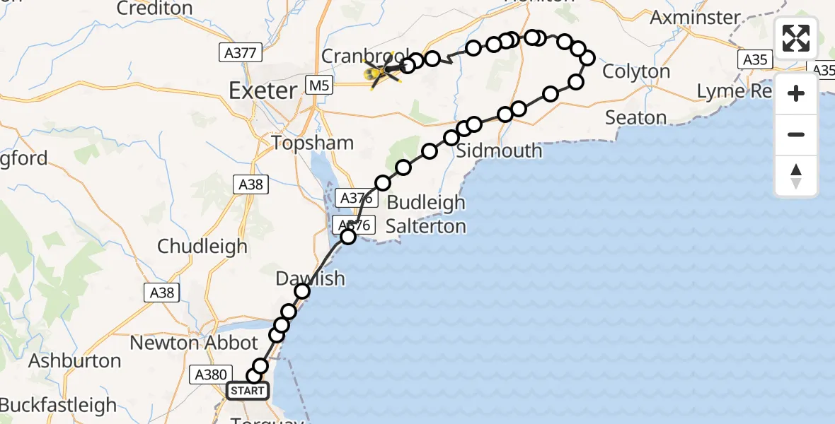 Flight path map showing Police Helicopter route from Barton to Rockbeare