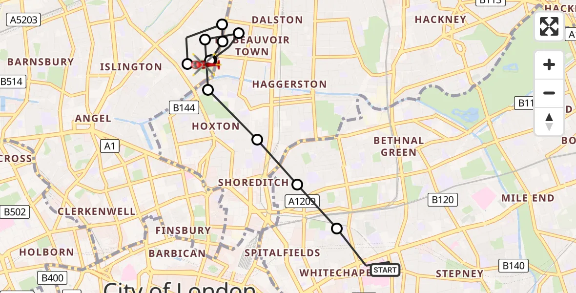 Flight path map showing Air Ambulance Helicopter route from Royal London Hospital to Islington