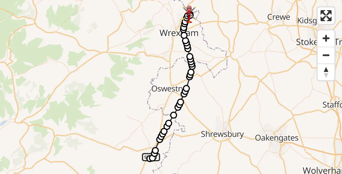 Flight path map showing Air Ambulance Helicopter route from Welshpool Airport to Rossett
