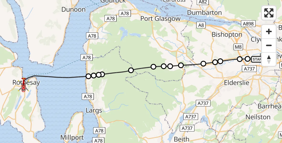 Flight path map showing Air Ambulance Helicopter route from Glasgow Airport to Inner Seas