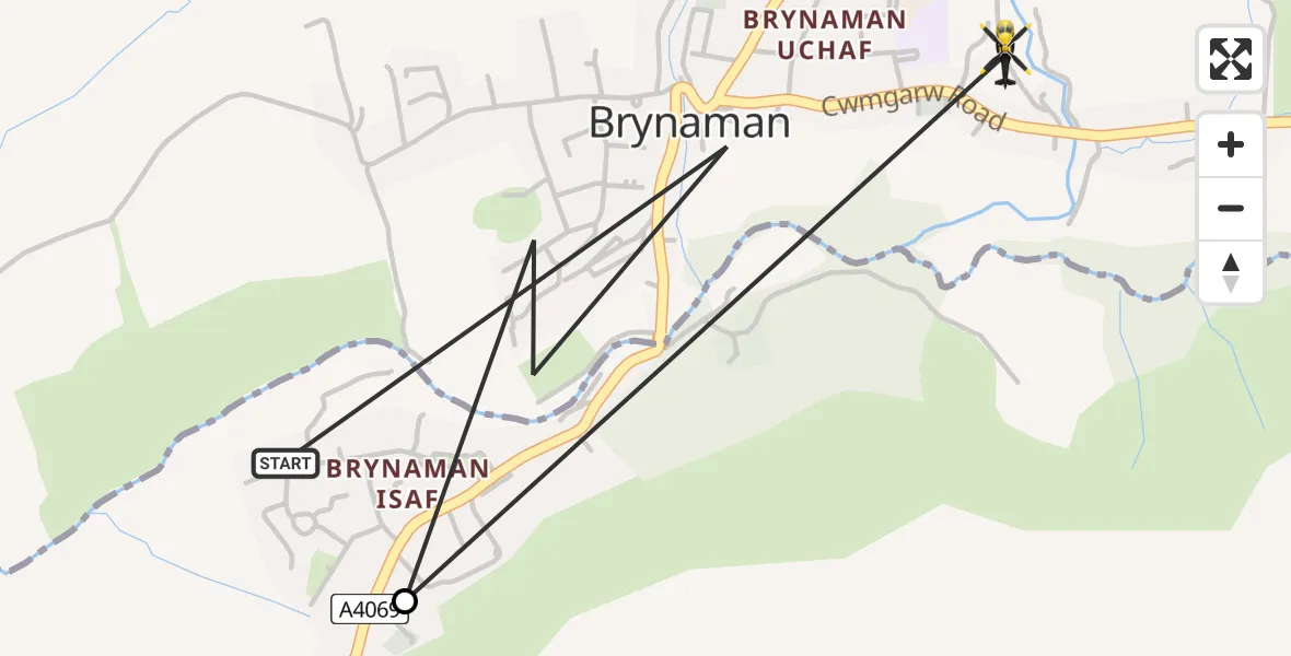 Flight path map showing Police Helicopter route from Brynamman to Brynaman