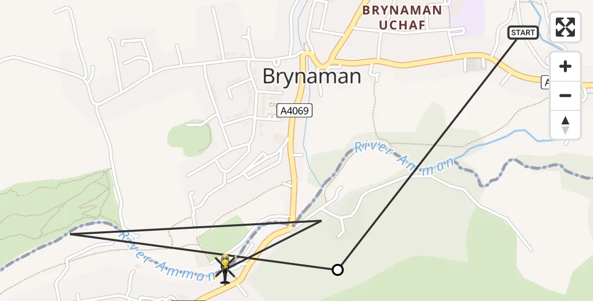 Flight path map showing Police Helicopter route from Brynaman to Brynamman