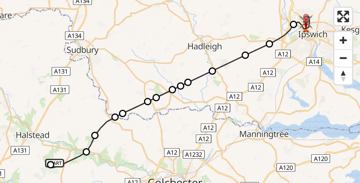 Flight path map showing Air Ambulance Helicopter route from Earls Colne Airfield to Ipswich