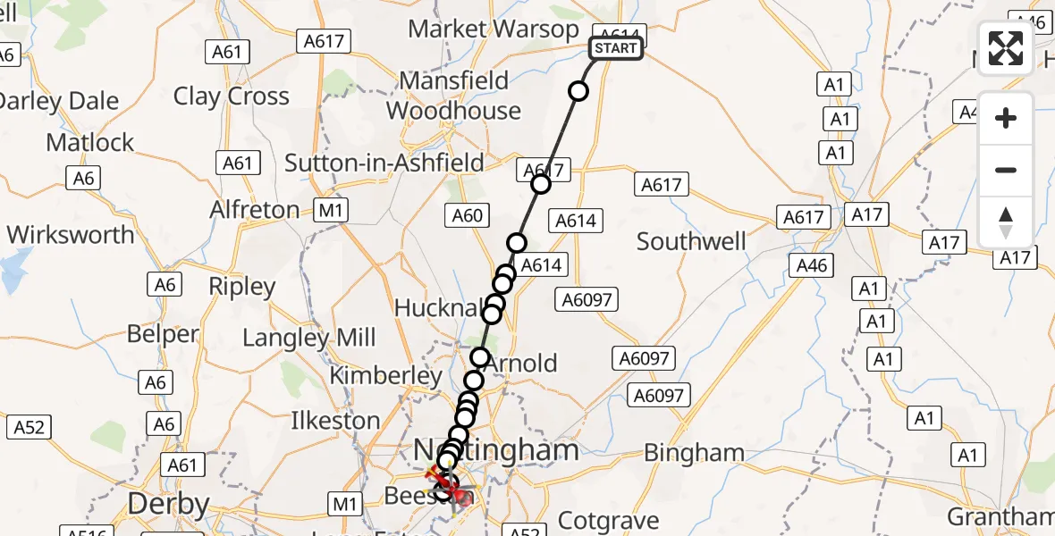 Flight path map showing Air Ambulance Helicopter route from Ollerton to City of Nottingham