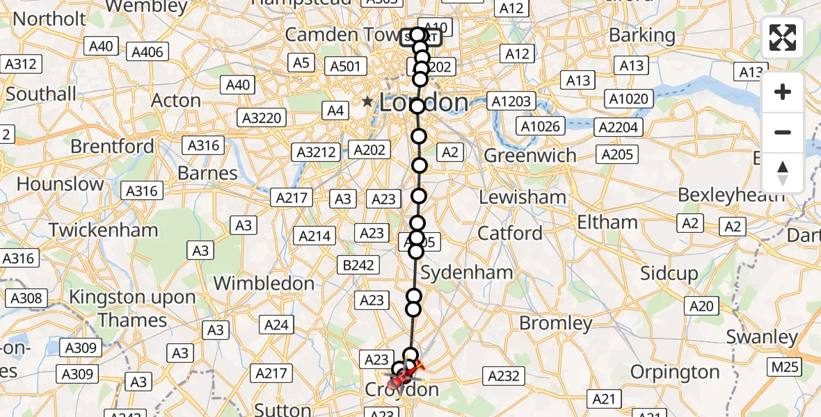 Flight path map showing Air Ambulance Helicopter route from Islington to Selhurst
