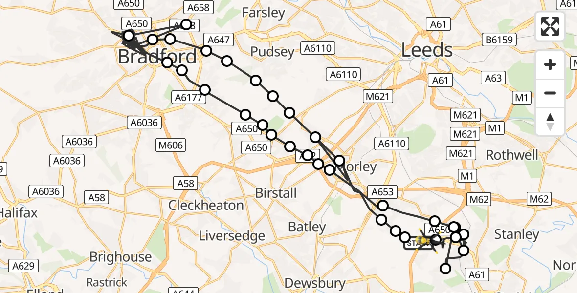 Flight path map showing Police Helicopter route from East Ardsley to East Ardsley