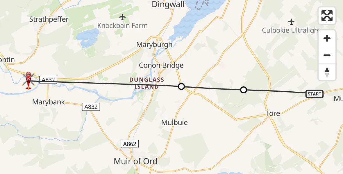 Flight path map showing Air Ambulance Helicopter route from Tore to Contin