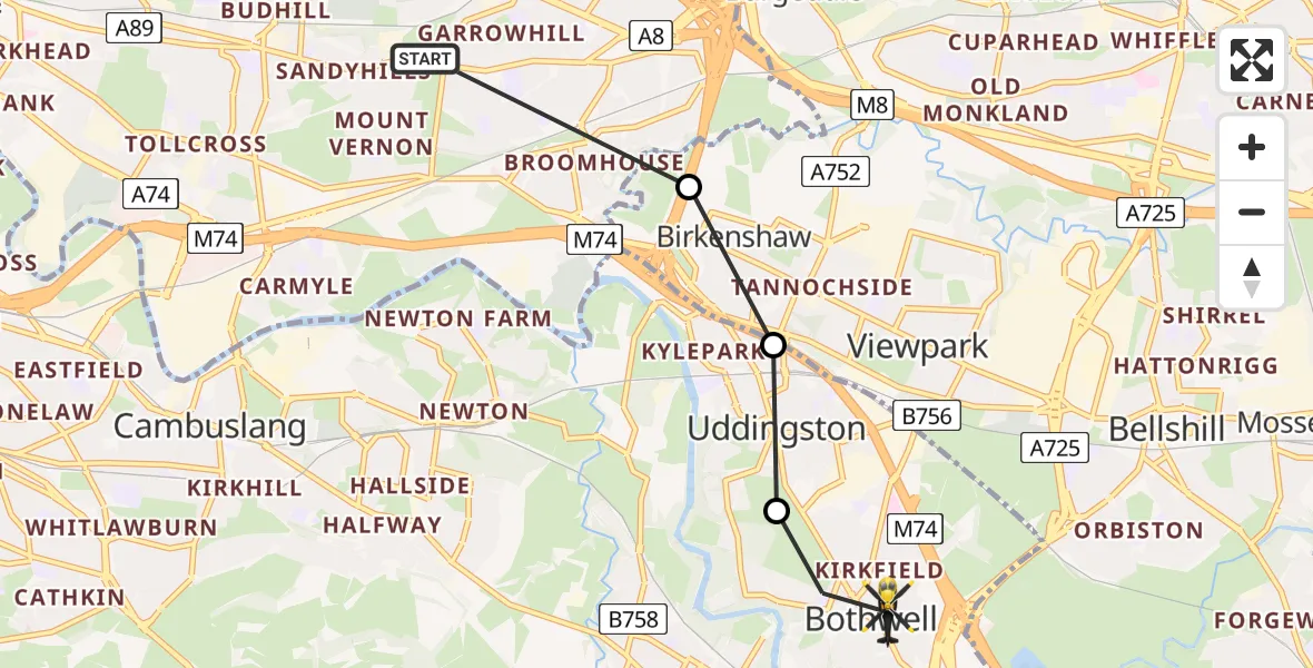 Flight path map showing Police Helicopter route from Glasgow to Bothwell