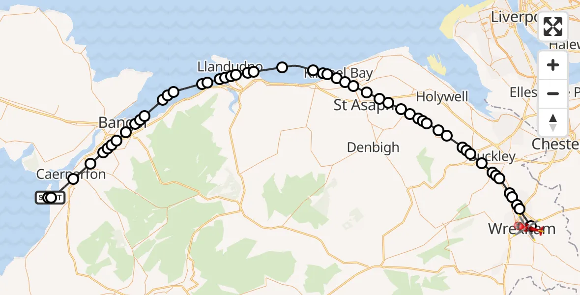 Flight path map showing Air Ambulance Helicopter route from Caernarfon Airport to Caia Park