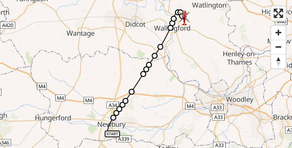 Flight path map showing Air Ambulance Helicopter route from Newbury to RAF Benson