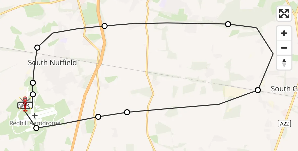 Flight path map showing Air Ambulance Helicopter route from Redhill Aerodrome to Redhill Aerodrome