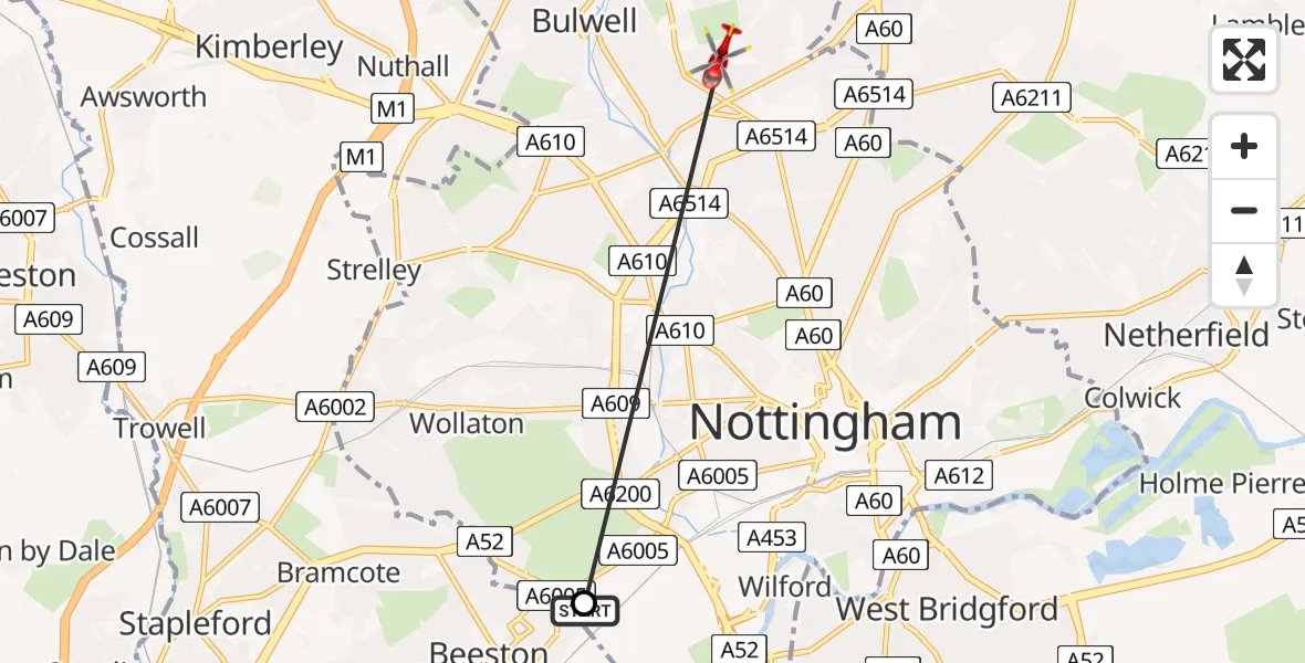 Flight path map showing Air Ambulance Helicopter route from Beeston to Bulwell