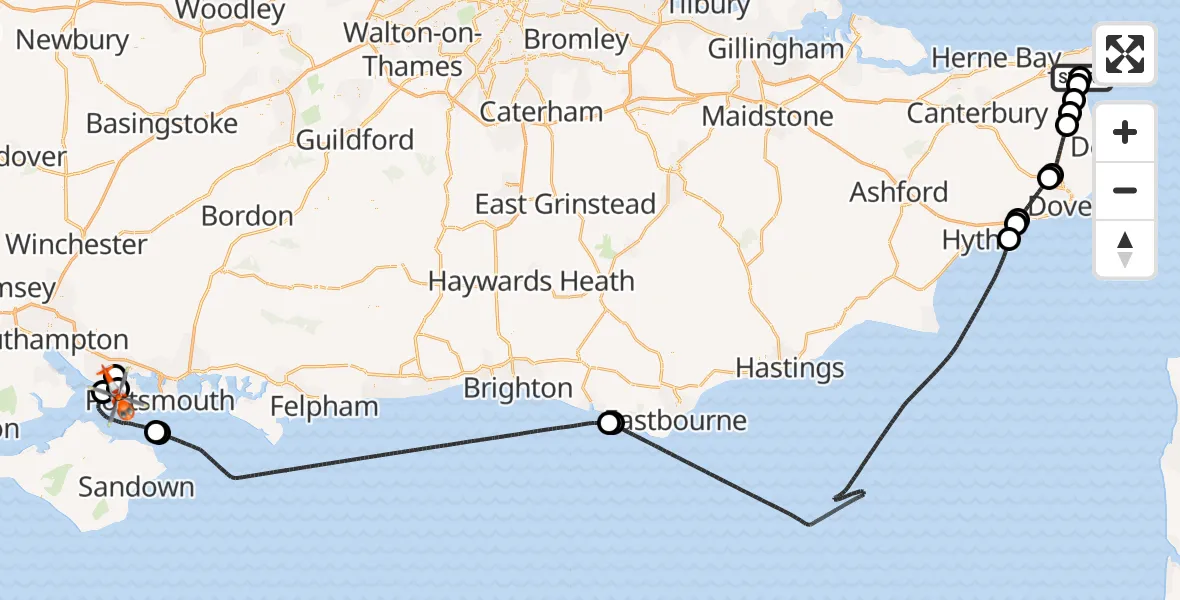 Flight path map showing Coastguard Helicopter route from Manston Airport to Solent Airport
