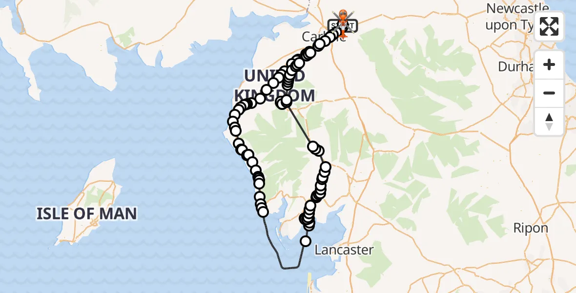 Flight path map showing Coastguard Helicopter route from Carlisle Lake District Airport to Carlisle Lake District Airport