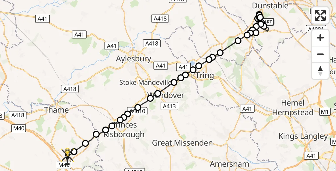 Flight path map showing Police Helicopter route from Kensworth to Aston Rowant