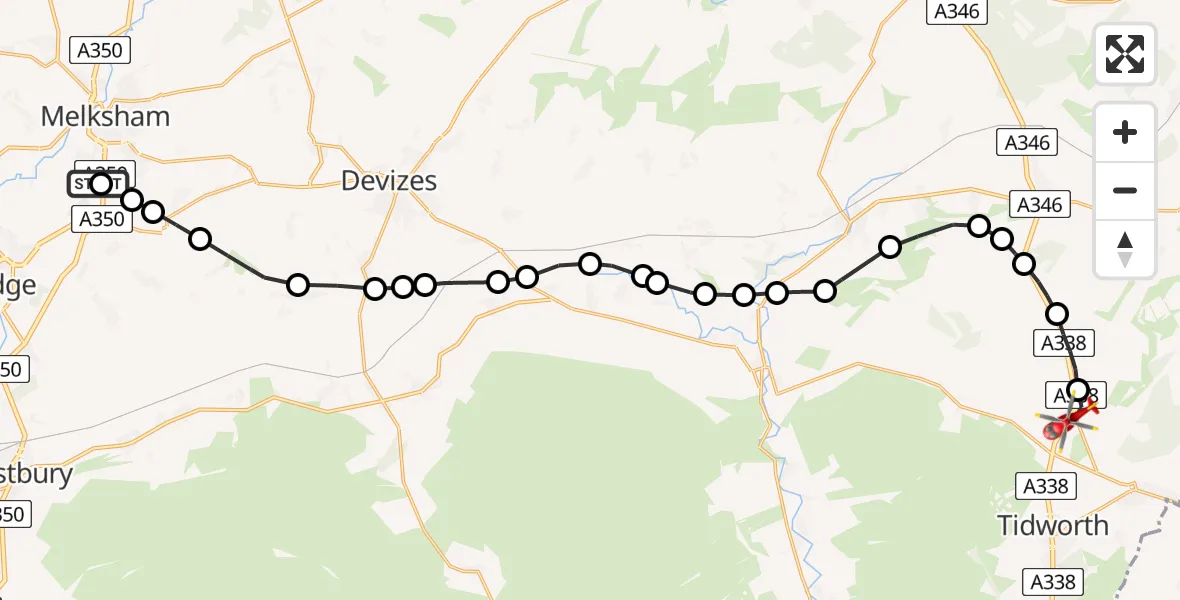 Flight path map showing Air Ambulance Helicopter route from Wiltshire Air Ambulance to Collingbourne Ducis