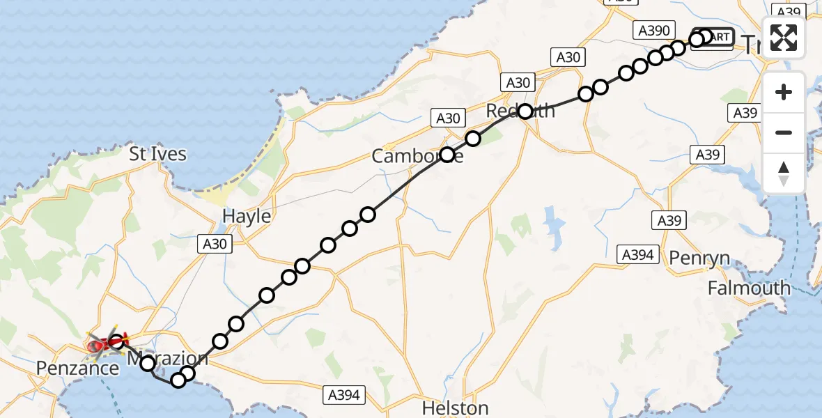 Flight path map showing Air Ambulance Helicopter route from Treliske Hospital to Penzance Heliport