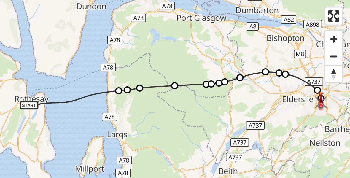 Flight path map showing Air Ambulance Helicopter route from Inner Seas to Royal Alexandria Hospital Paisley