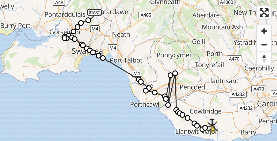 Flight path map showing Police Helicopter route from Craig-cefn-parc to Flemingston
