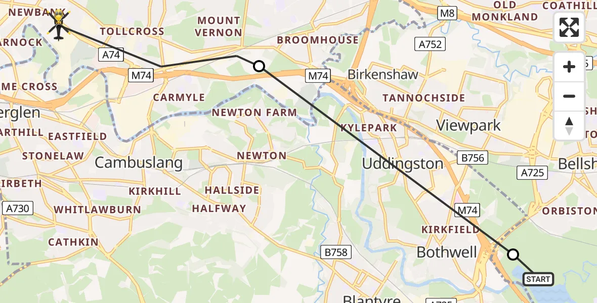 Flight path map showing Police Helicopter route from Bellshill to Glasgow