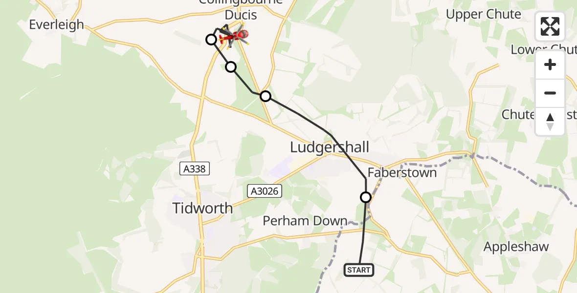 Flight path map showing Air Ambulance Helicopter route from Kimpton to Collingbourne Ducis