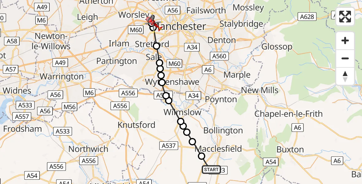 Flight path map showing Air Ambulance Helicopter route from Gawsworth to Trafford Park
