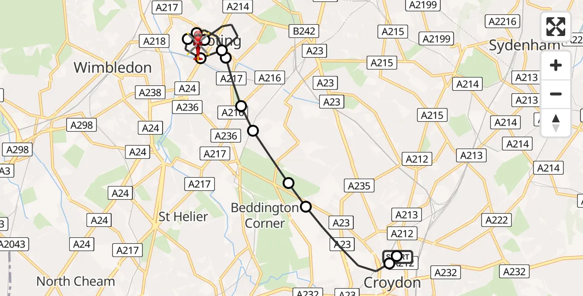 Flight path map showing Air Ambulance Helicopter route from Broad Green to St Georges Hospital