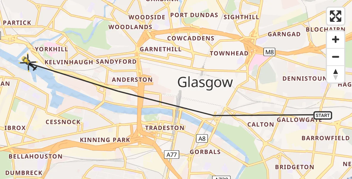 Flight path map showing Police Helicopter route from Glasgow to Glasgow