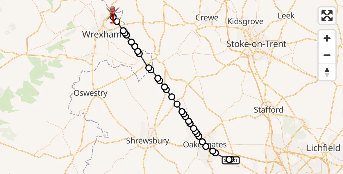 Flight path map showing Air Ambulance Helicopter route from RAF Cosford to Rossett