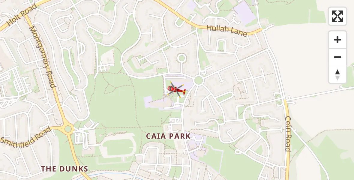 Flight path map showing Air Ambulance Helicopter route from Caia Park to Caia Park