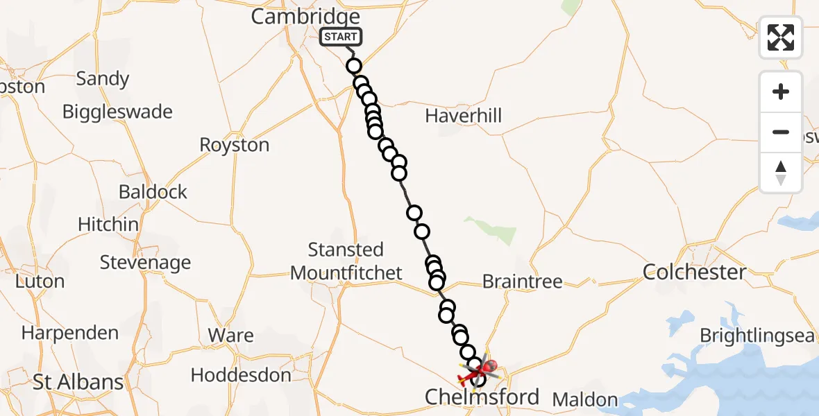Flight path map showing Air Ambulance Helicopter route from Fulbourn to Little Waltham